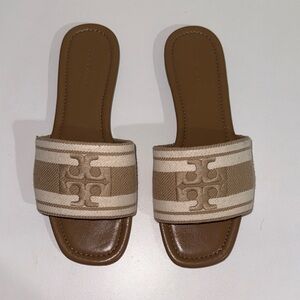 Tory Burch Double T Jacquard Slide Tan White